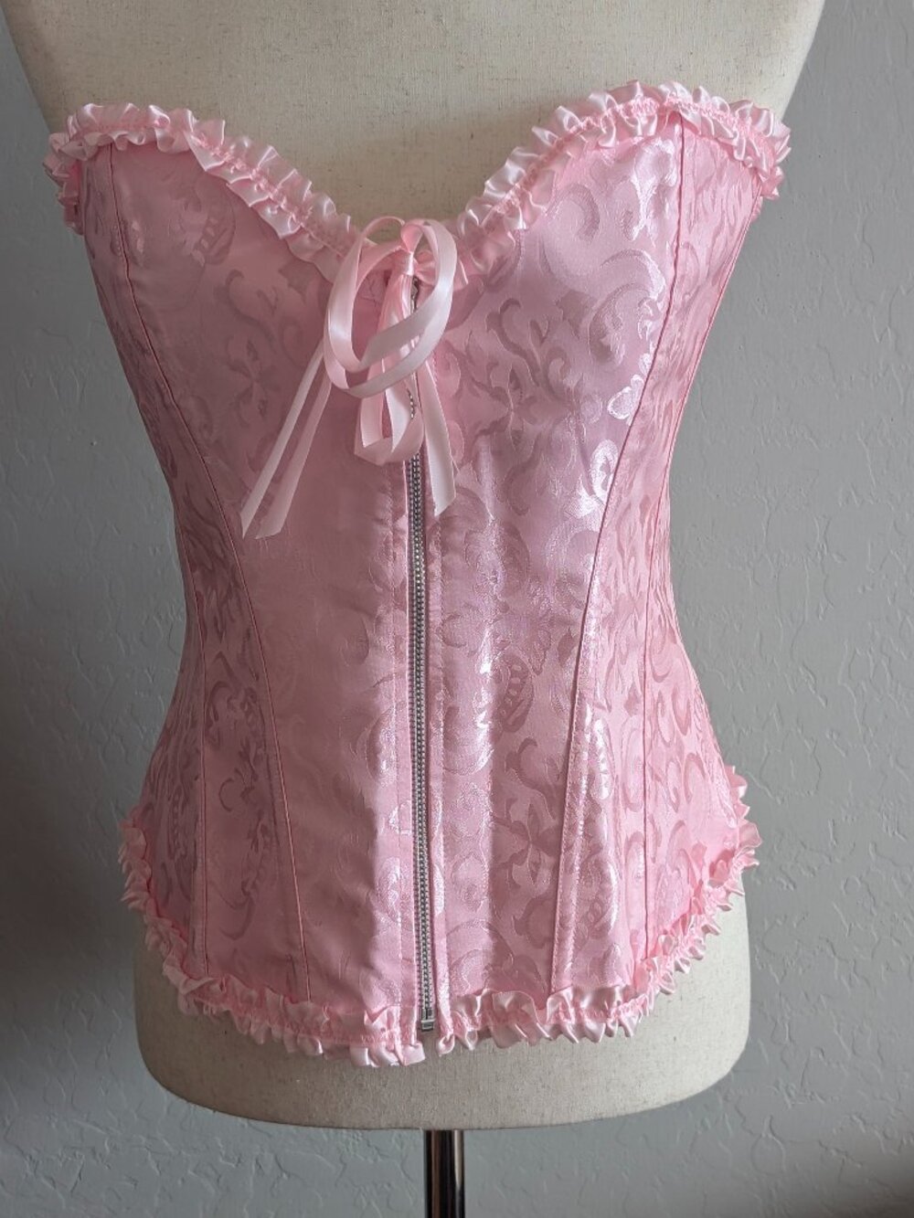 Pink Damask Jacquard Boned Bustier Corset Top | NWOT | Ruffle Trim | Lace-Up Bac